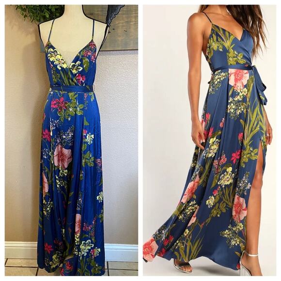 Lulus Dresses & Skirts - NWOT Lulus Still the One Blue Floral Print Satin Maxi Dress